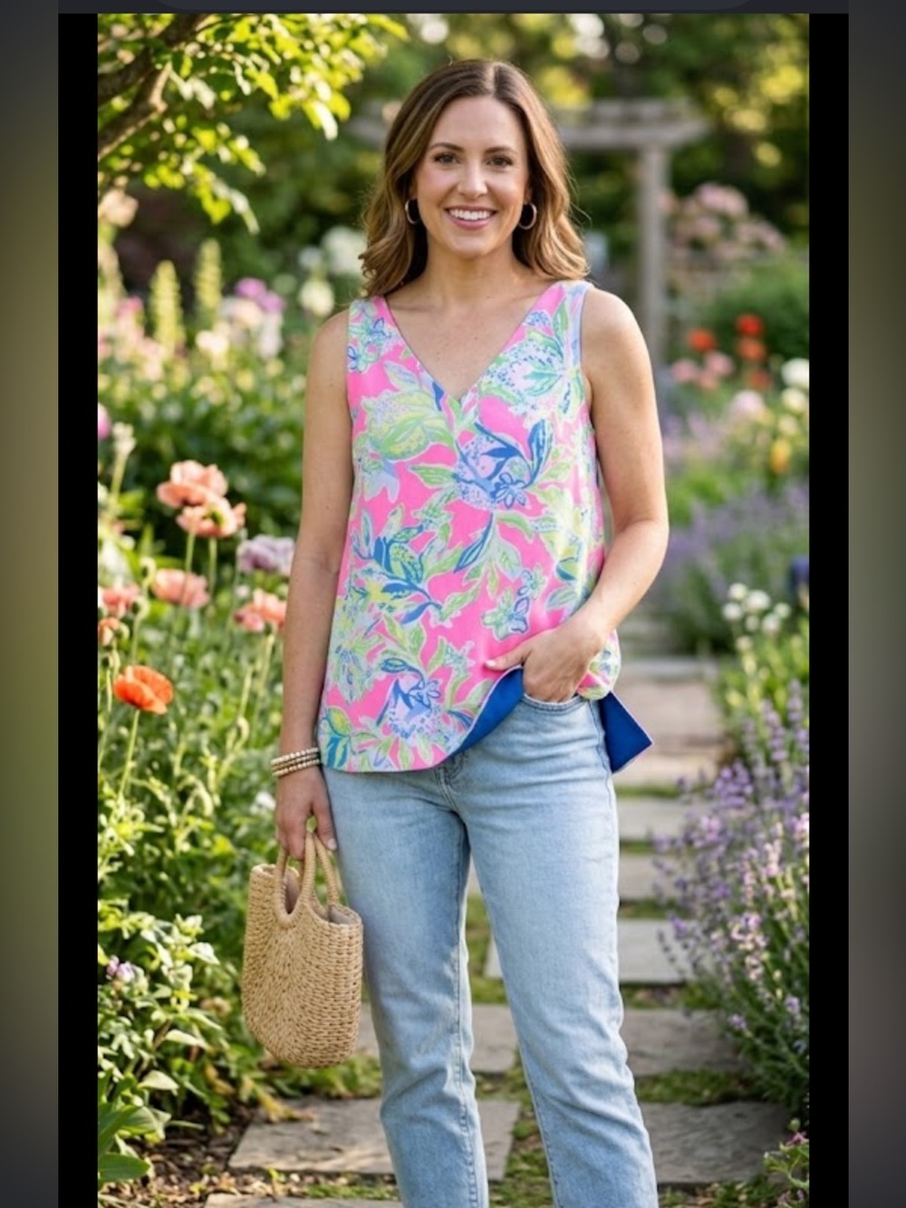 Lilly Pulitzer Pink Tropical Print V-Neck Sleeveless Top